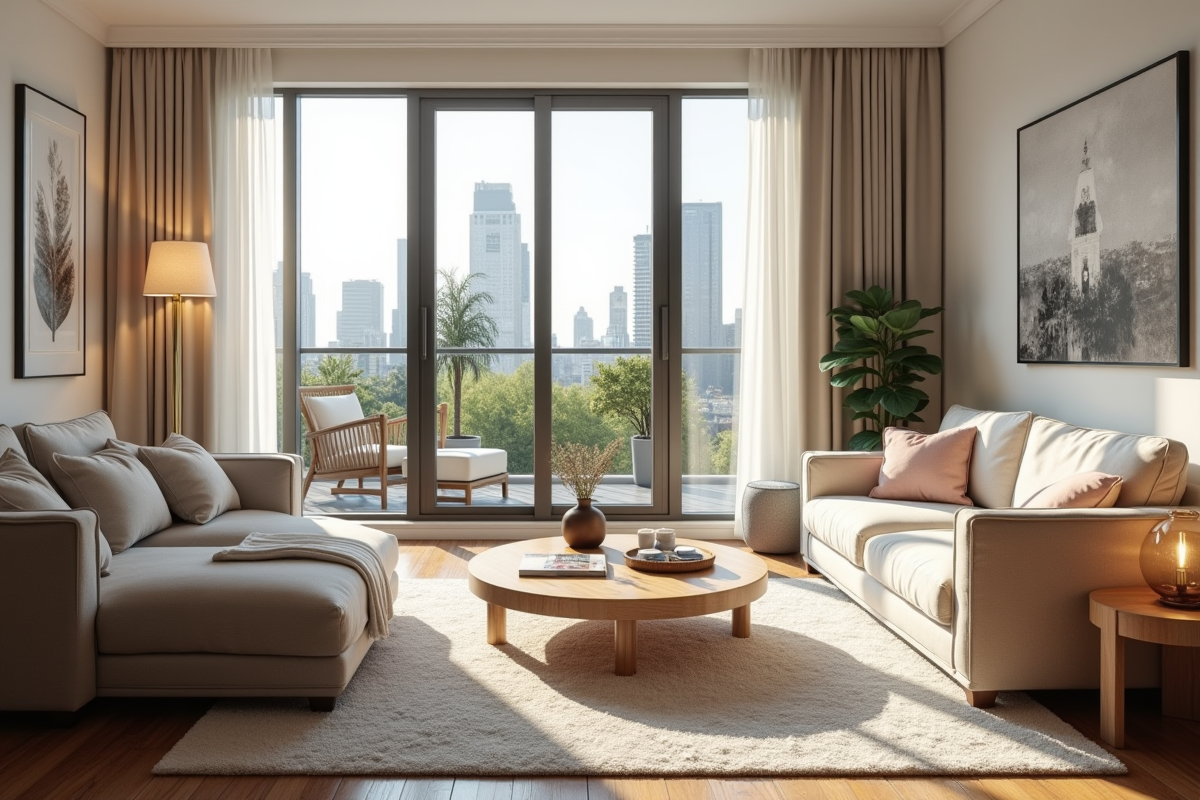 Salon moderne et cosy dans un appartement urbain lumineux