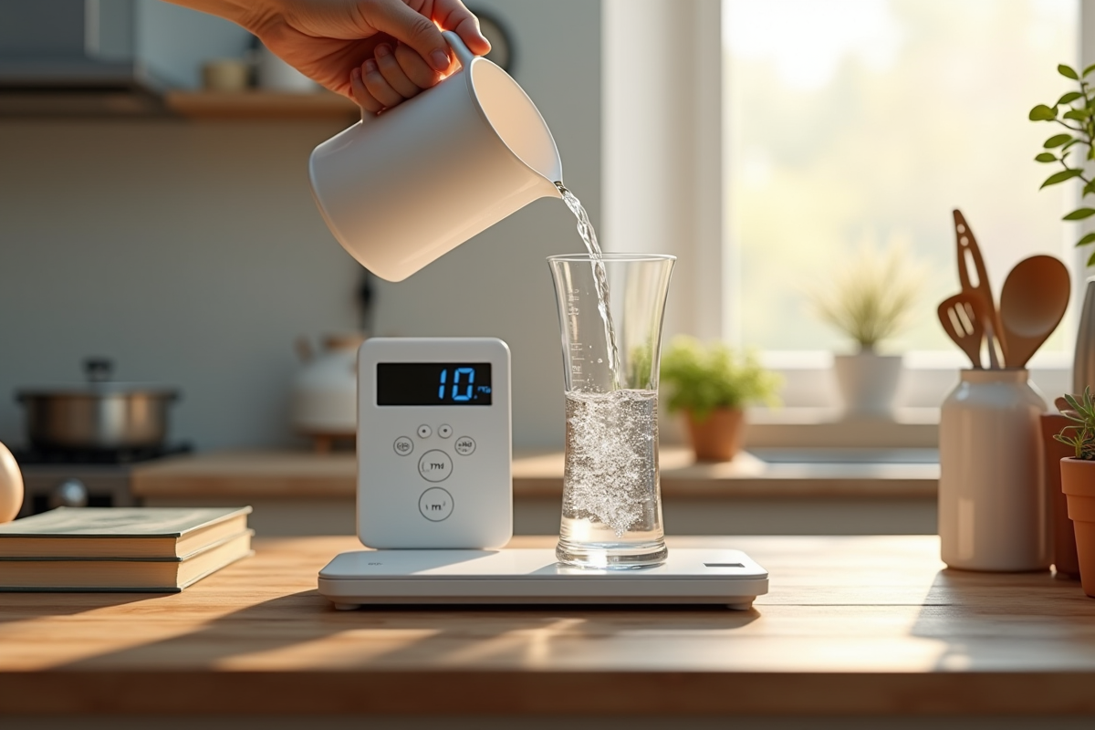 Balance digitale avec verre doseur dans la cuisine lumineuse