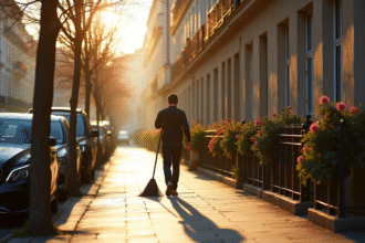 Personne balayant le trottoir devant maisons parisiennes