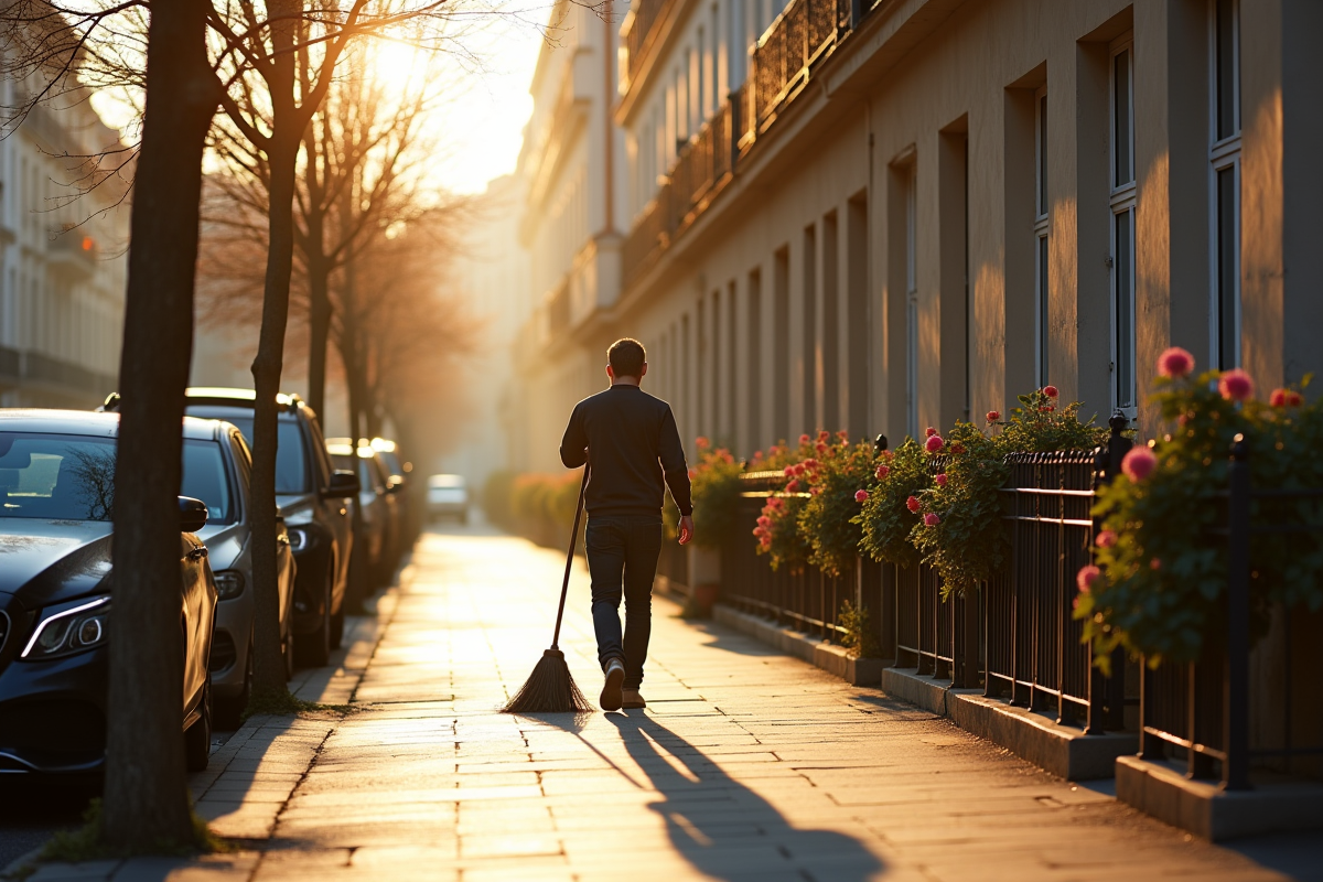 Personne balayant le trottoir devant maisons parisiennes