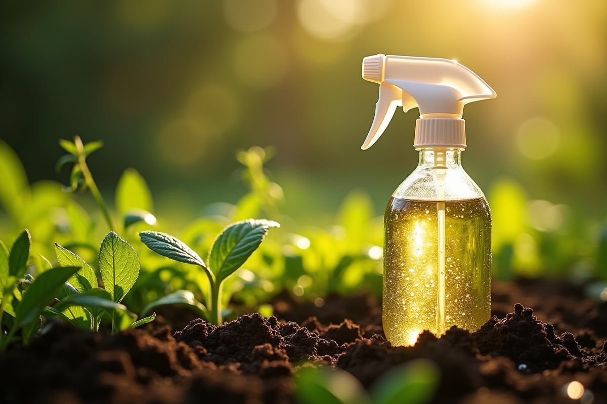 Bouteille de vinaigre sur sol de jardin avec mauvaises herbes vertes