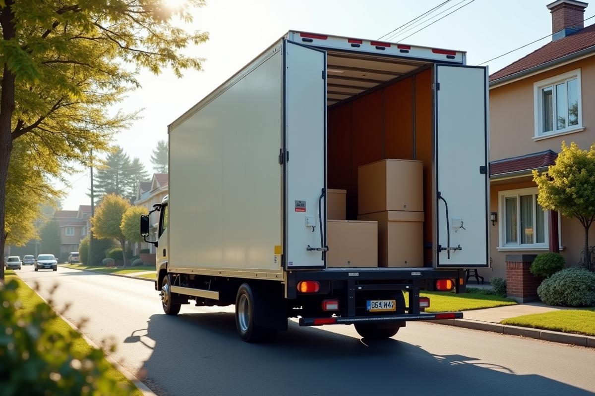 Camion de déménagement de 20m3 dans une rue résidentielle en plein jour