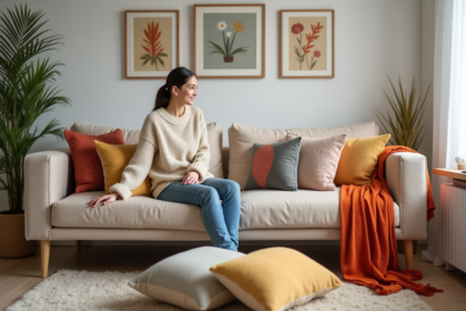 Femme souriante arrangeant coussins colorés sur un canapé scandinave