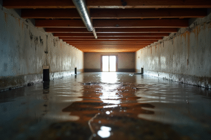 Vide sanitaire inondé sous une maison moderne avec reflet d'eau