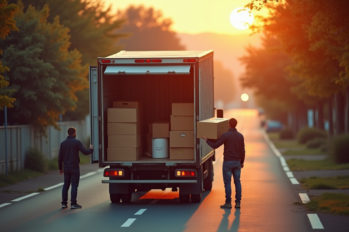 Chargement d un camion de déménagement vu du haut au coucher du soleil
