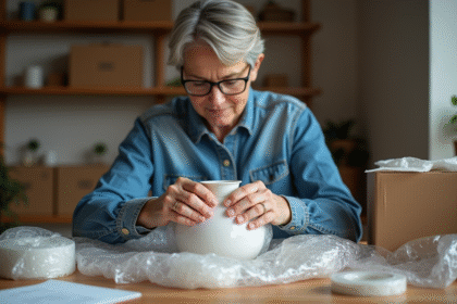 Femme emballant une vase en céramique avec du papier bulle