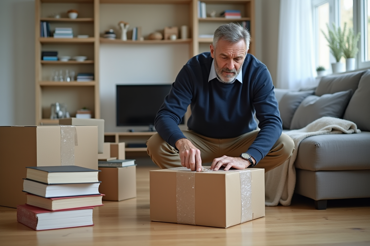 Homme scellant des cartons de livres dans un salon moderne