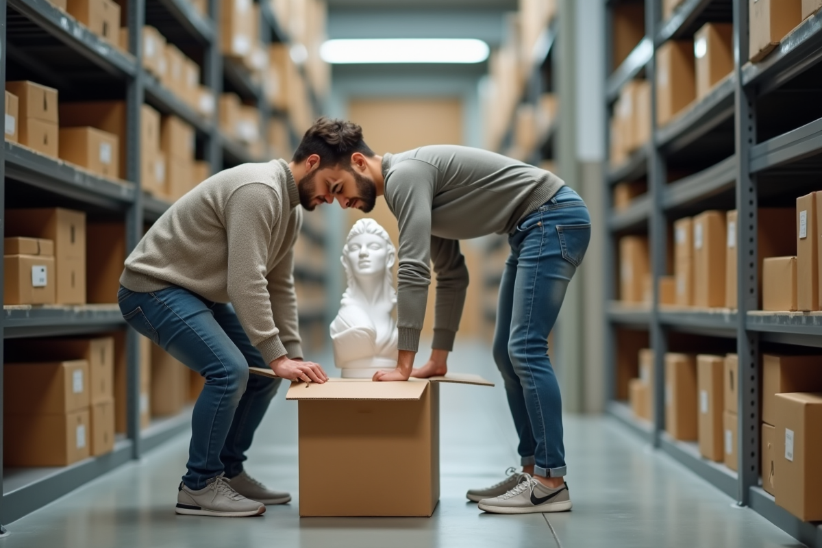 Jeune homme plaçant une sculpture fragile dans une caisse