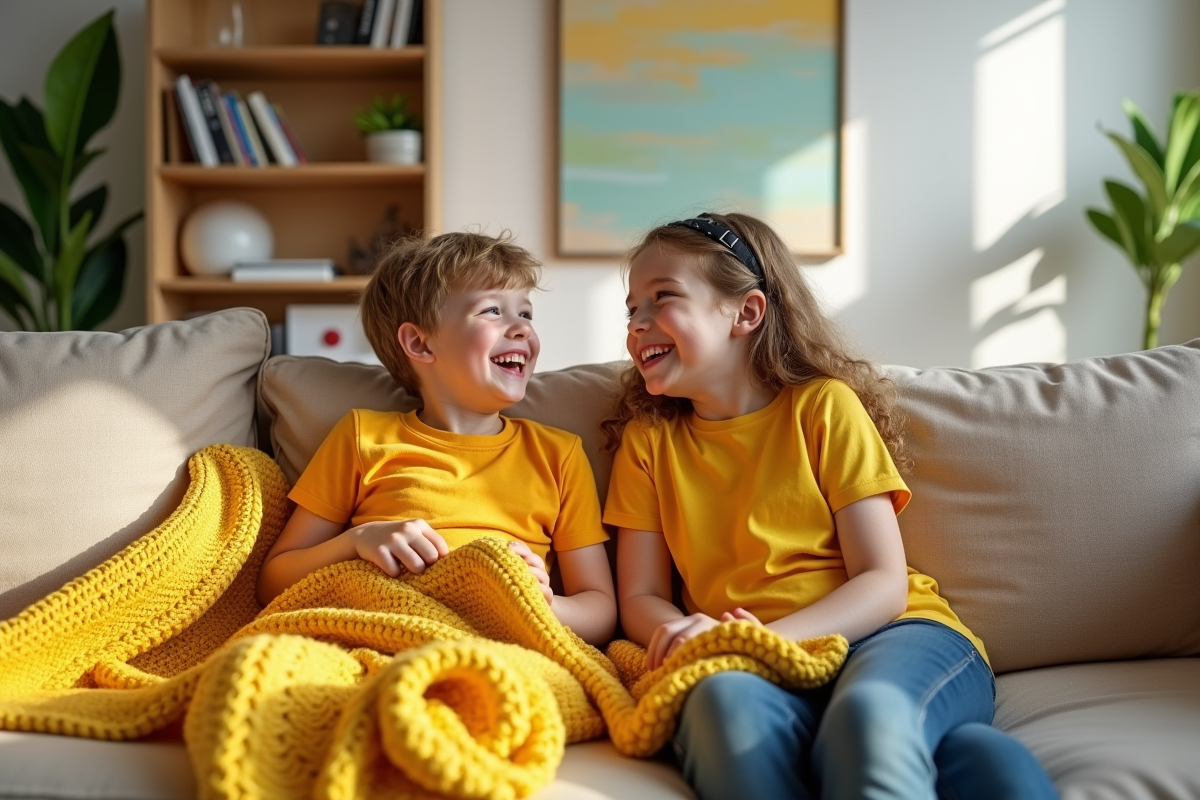 Deux enfants rient en drapant une couverture jaune sur le canapé