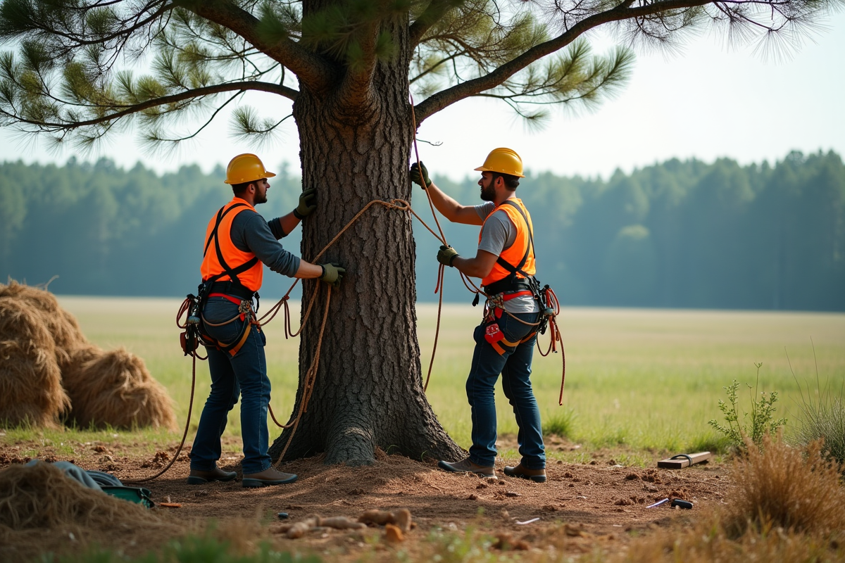 Deux élagueurs professionnels travaillant sur un pin