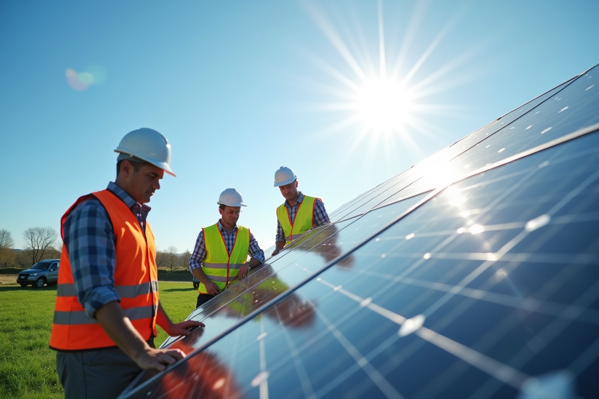 Groupe d'ingénieurs inspectant des panneaux solaires sous un ciel bleu