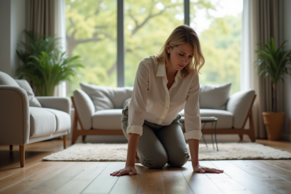 Femme d'âge moyen agenouillée sur un sol imitation bois moderne