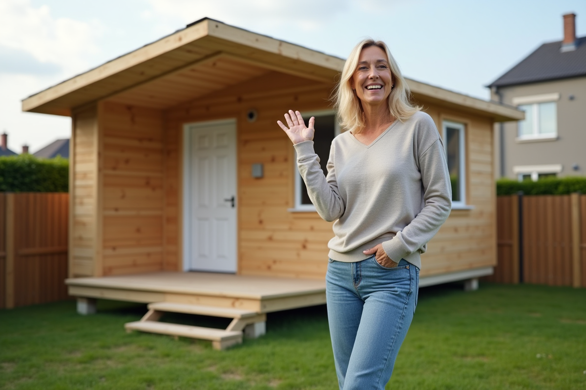 Femme confiante devant une maison en bois en construction