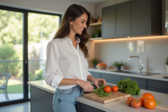 Femme souriante préparant des légumes dans une cuisine moderne
