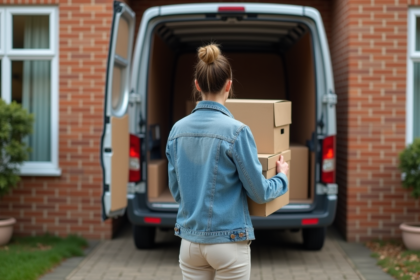 Femme en denim préparant un déménagement devant un immeuble