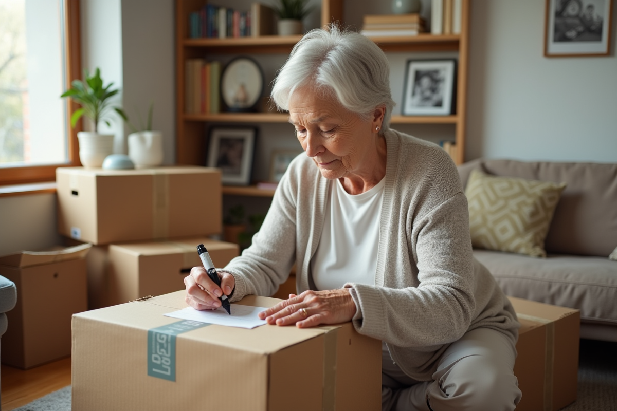 Femme âgée étiquetant une boîte dans un intérieur chaleureux
