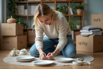 Femme en jeans emballant de la vaisselle en porcelaine dans un salon organisé