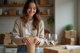 Femme souriante emballant des verres à vin dans la cuisine