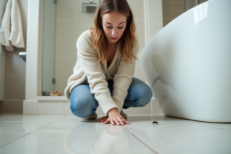 Jeune femme inspectant un insecte dans la salle de bain