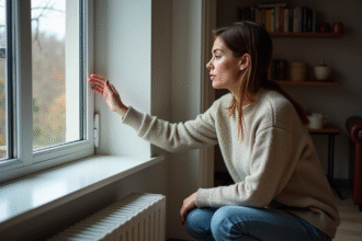 Femme vérifiant l'isolation d'une fenêtre dans son salon