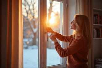 Femme appliquant du ruban isolant sur une fenetre moderne en hiver