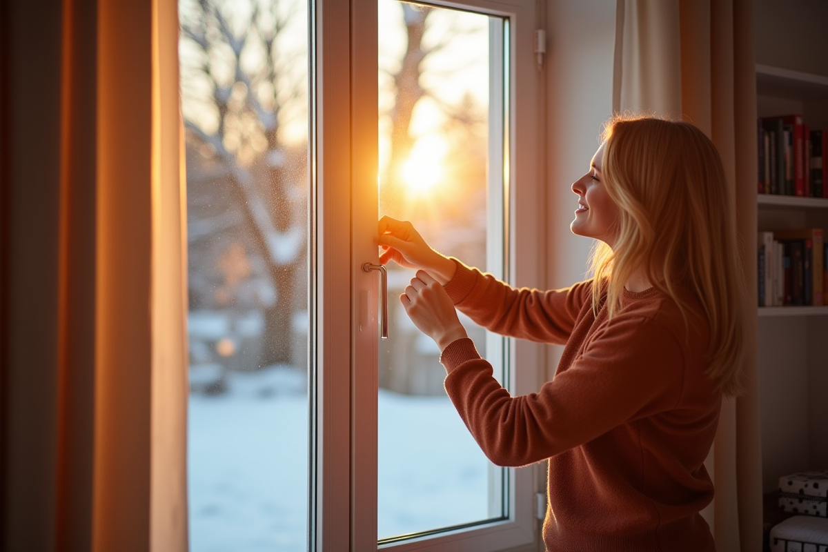 Femme appliquant du ruban isolant sur une fenetre moderne en hiver