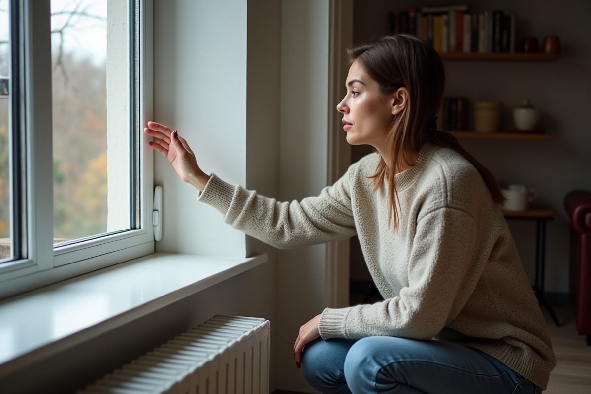 Femme vérifiant l'isolation d'une fenêtre dans son salon