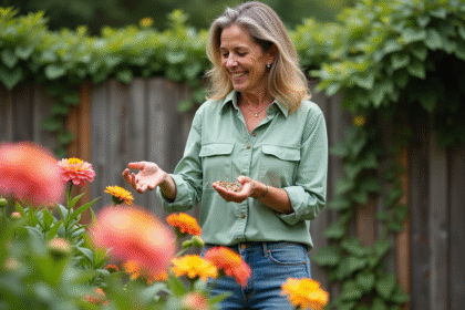Femme souriante en jardin, dépose granules d'attractant