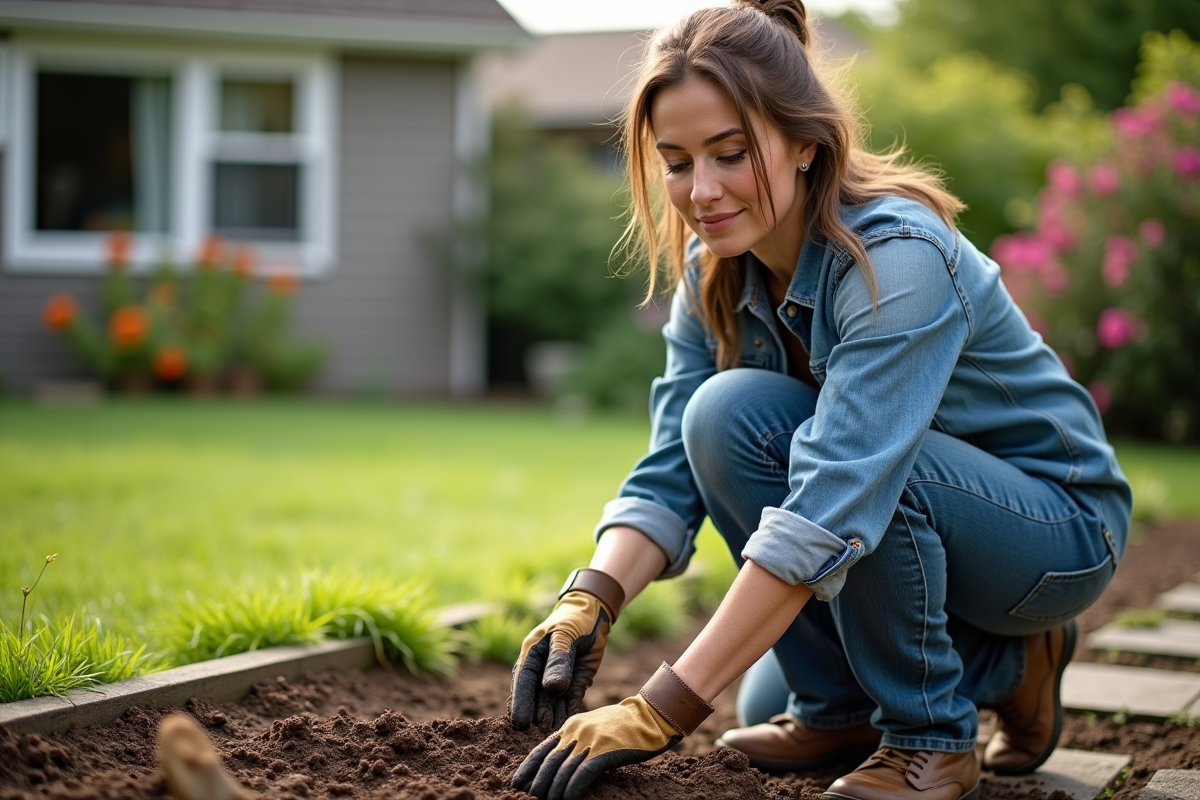 Femme en jardinage avec une petite pelle dans un jardin suburbain