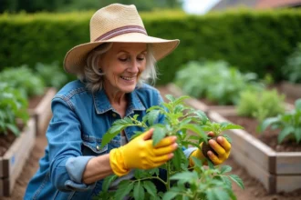 Femme inspectant des feuilles de tomate dans son jardin