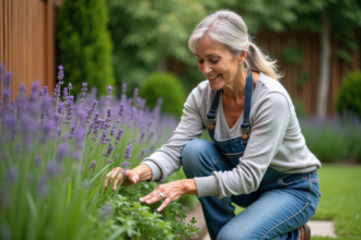 Femme d'âge moyen dans un jardin paisible et facile à entretenir