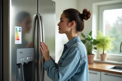 Jeune femme lisant une étiquette d'énergie sur un frigo moderne