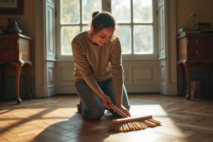 Femme en jeans nettoyant un parquet ancien avec brosse naturelle