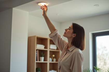 Femme ajustant un spot encastré dans un salon moderne
