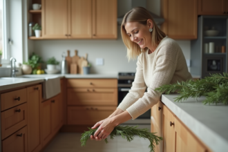 Femme arrangeant du romarin dans une cuisine moderne