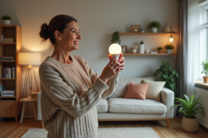 Femme choisissant une ampoule LED dans son salon chaleureux