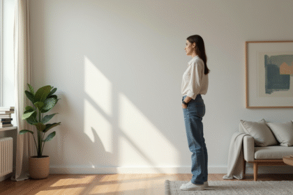 Femme élégante observe un mur peint dans un appartement moderne