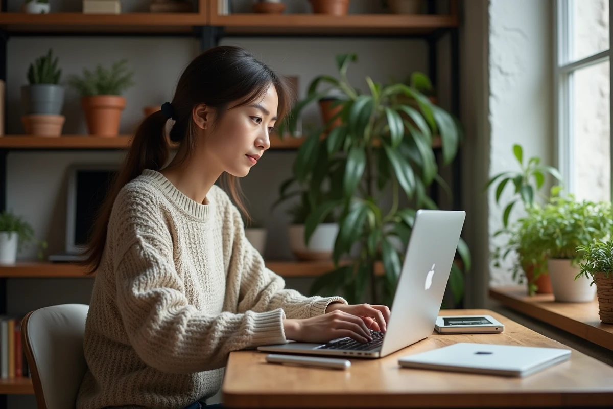Femme travaillant sur un ordinateur dans un espace de travail à domicile