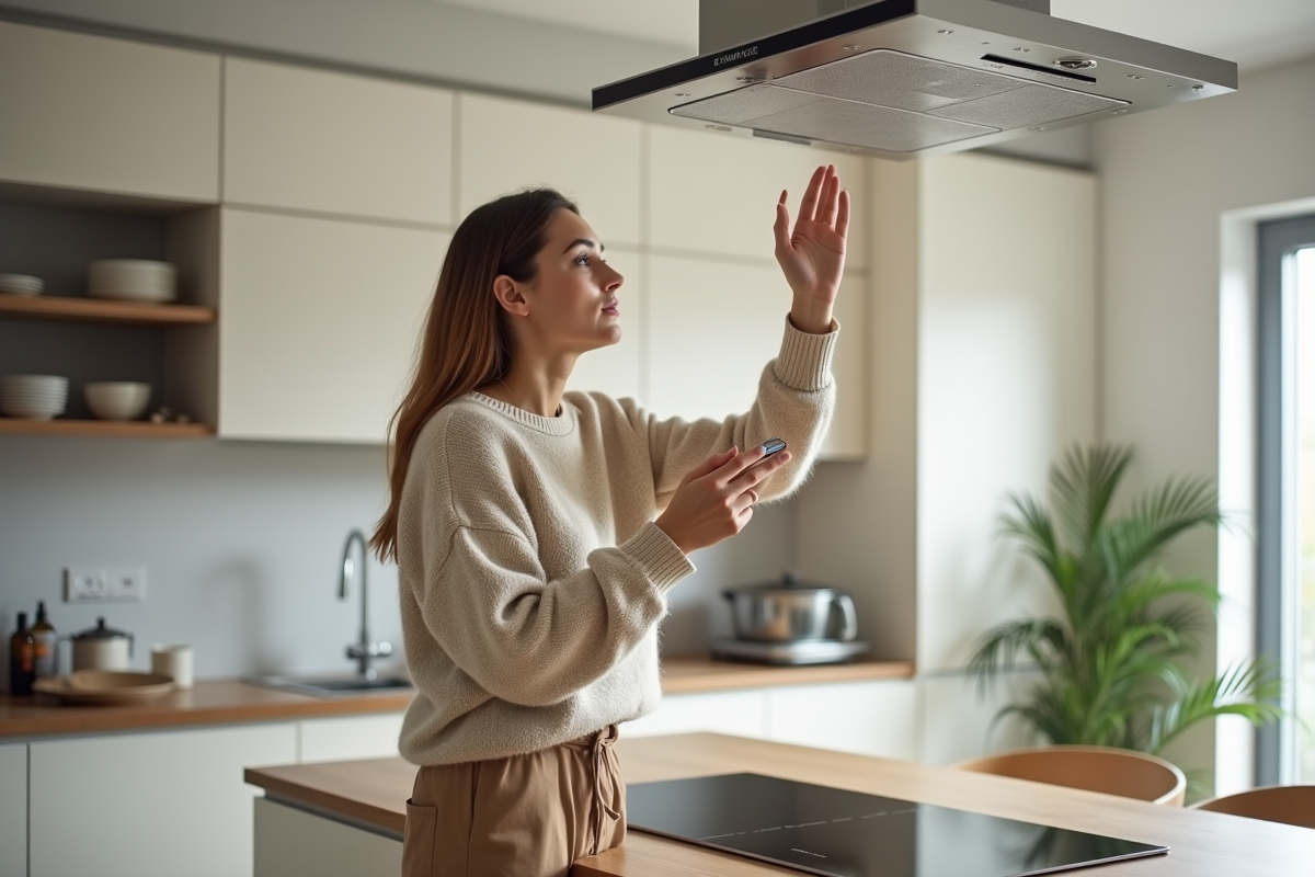 Jeune femme réglant la ventilation dans une cuisine moderne