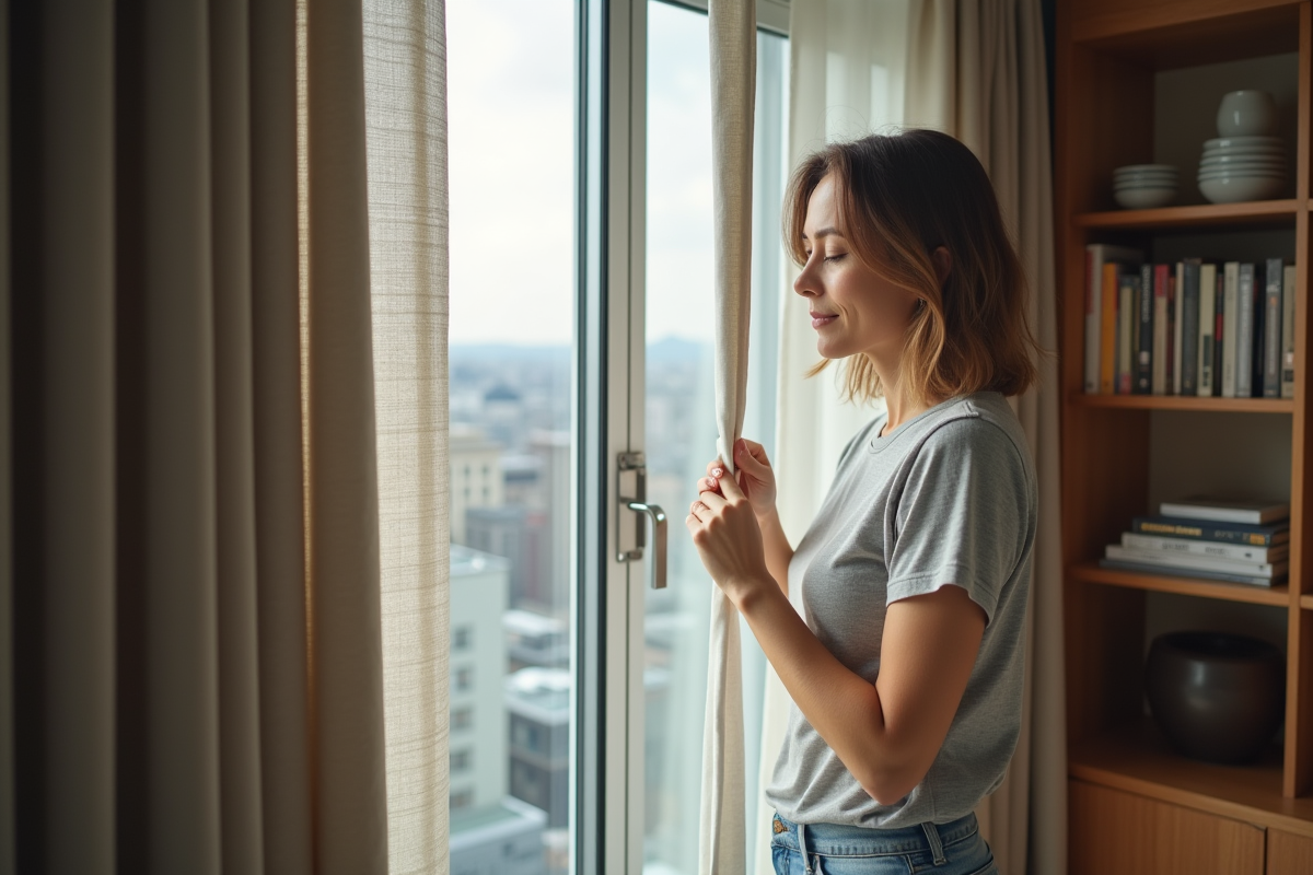 Femme d'âge moyen tirant un voilage isolant dans un salon moderne