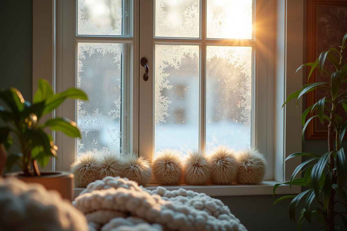 Fenetre givre avec coupe-froid maison dans un interieur chaleureux