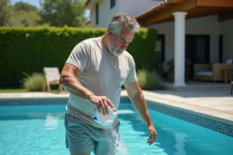 Homme d'âge moyen versant de l'oxygène actif dans la piscine