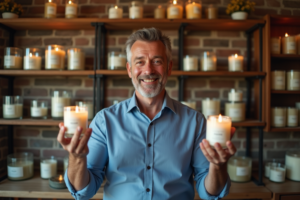 Homme dans une boutique de bougies artisanales tient deux bougies