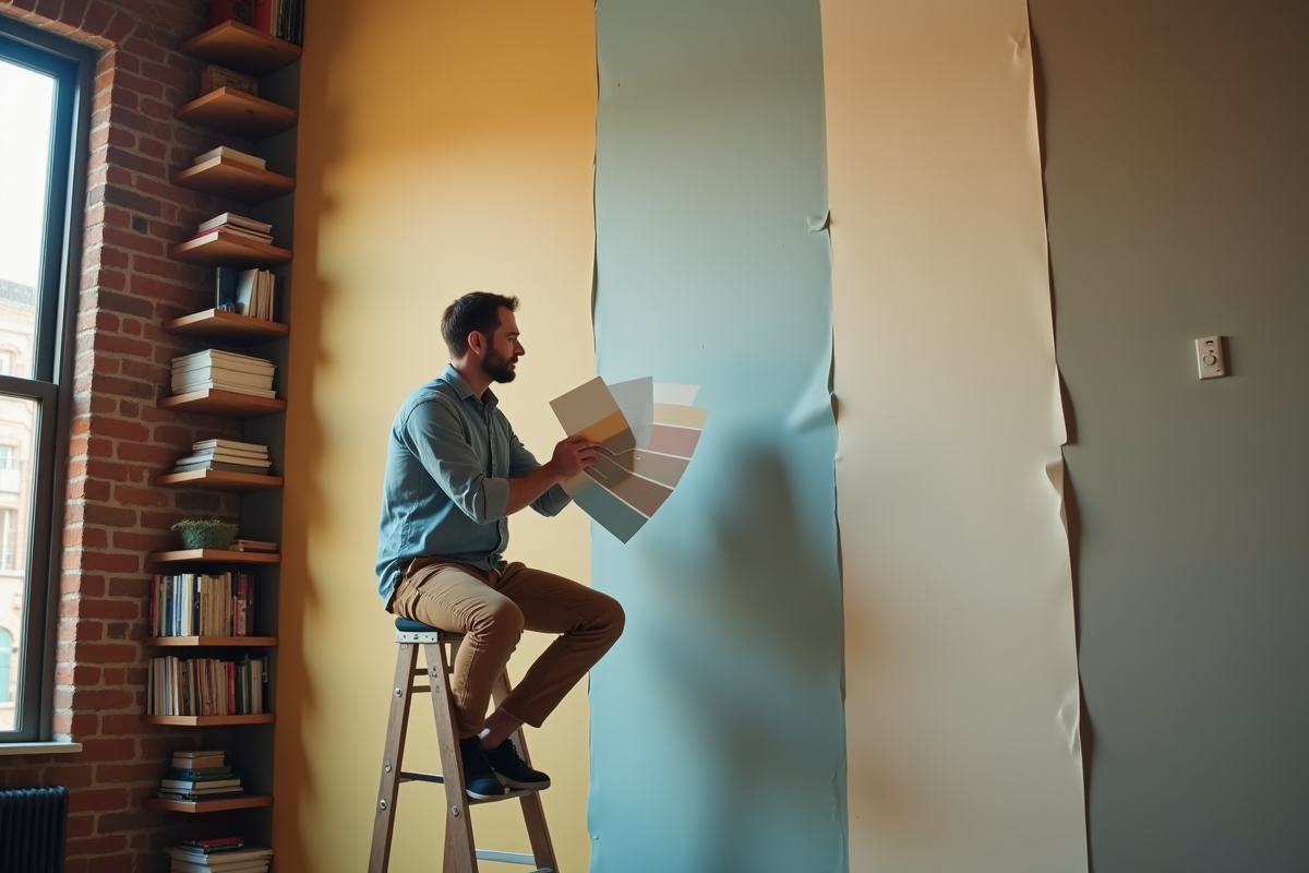 Homme choisit des échantillons de peinture dans un loft chaleureux
