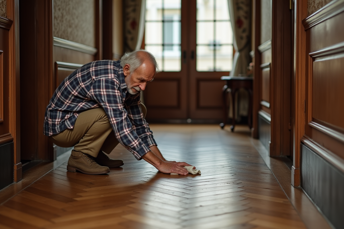 Homme âgé nettoyant un parquet chevron dans un couloir parisien