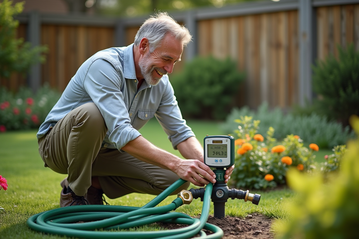 Homme d'âge moyen ajustant un programmateur d'arrosage dans le jardin