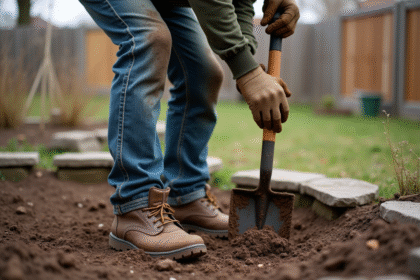Homme en plein jardinage avec une pelle dans la terre sèche