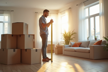 Homme avec mètre ruban près de cartons de déménagement lumineux