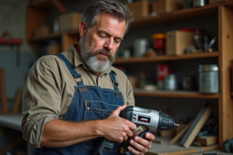 Homme en tenue de travail examinant un outil robuste dans un atelier