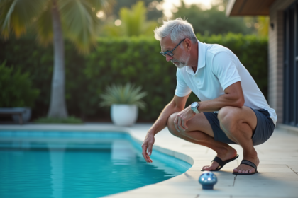 Homme d'âge moyen inspectant un panneau lumineux de piscine